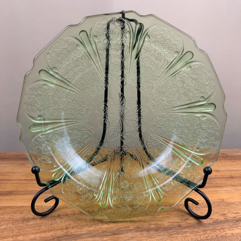 Jeannette Glass Uranium Green Cherry Blossom Bowl Vintage Depression Glass 7.75"